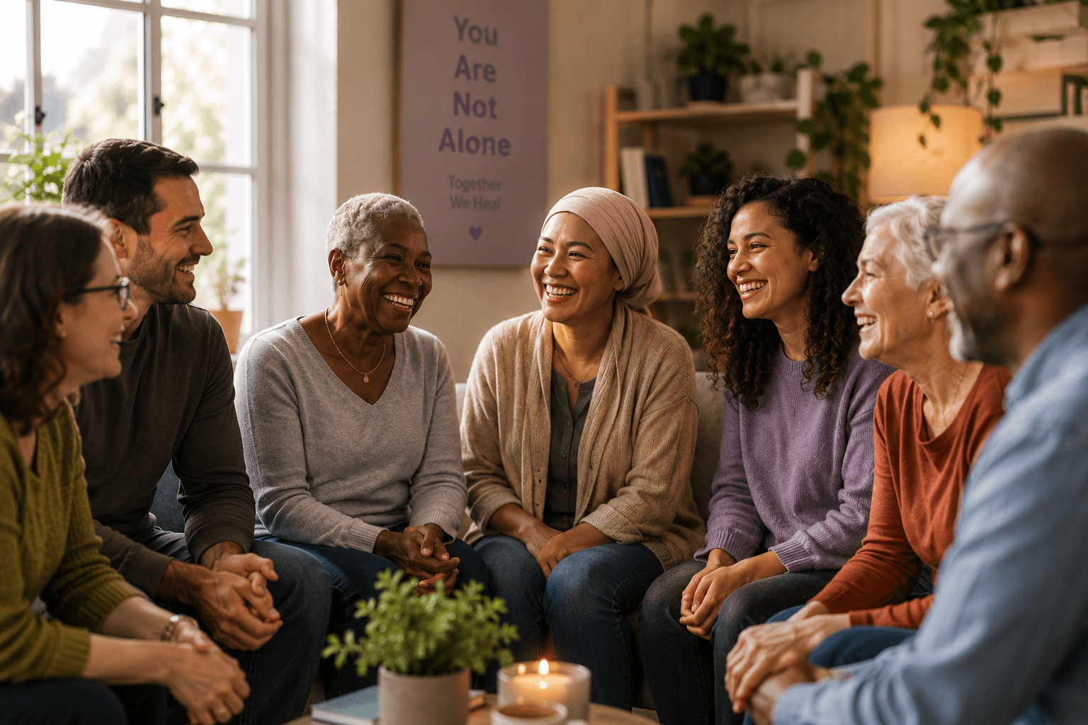 Diverse group of people in a healing community, representing all backgrounds