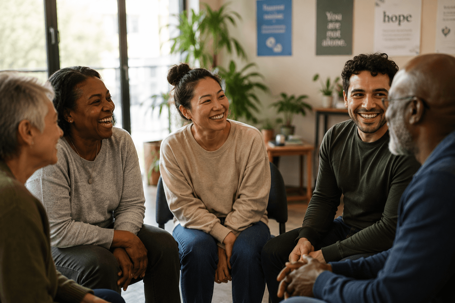 A small group of people talking together in a supportive circle